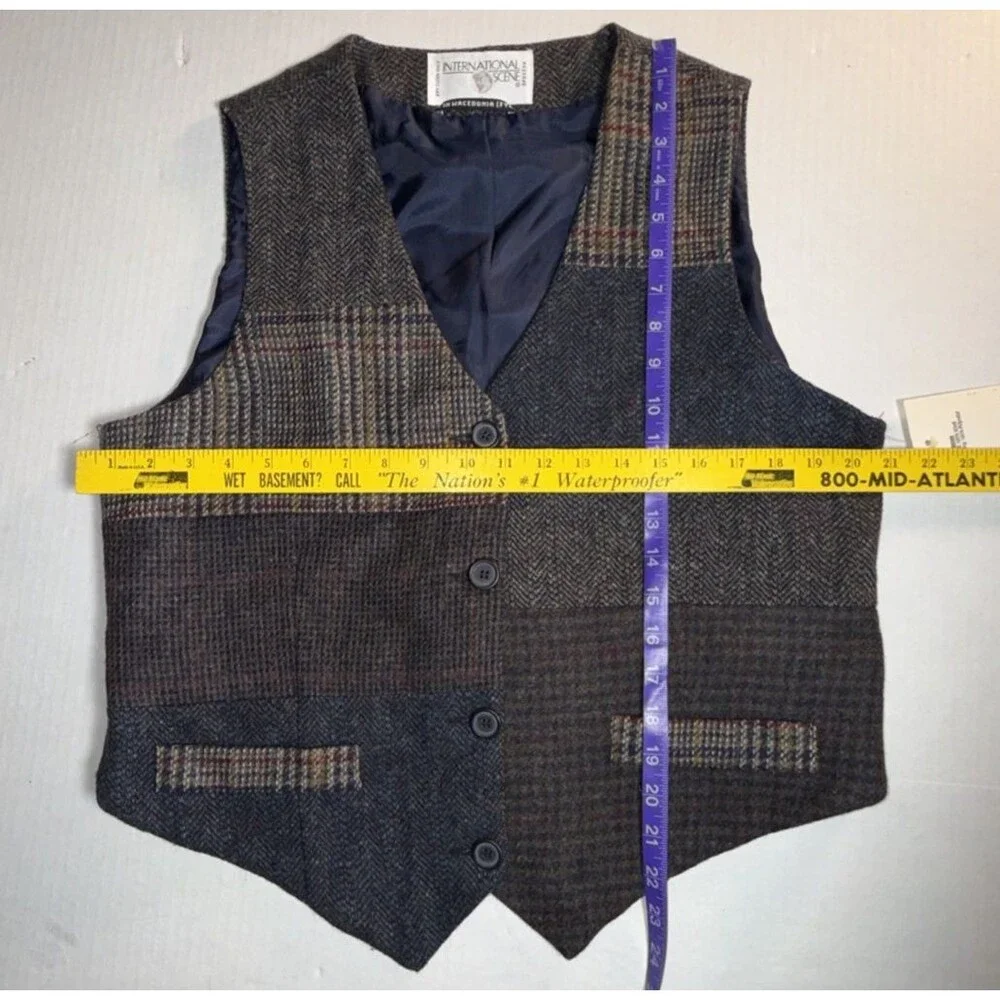 Vintage International Scene Patchwork Vest Academia Wool Tweed Size 14 NWT